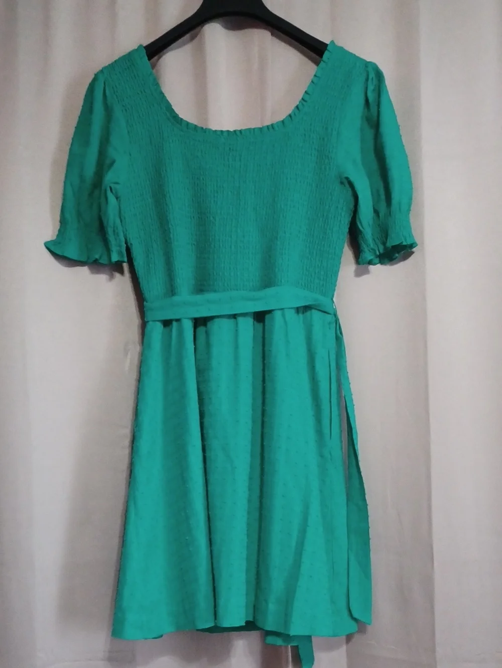 Draper James Green Smocked Puff Sleeve Square Neck Cotton Dress Pockets Size L